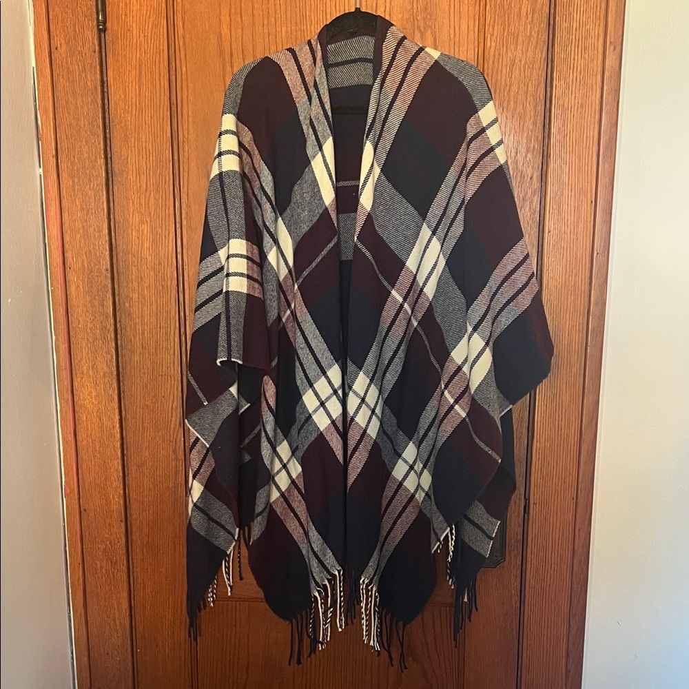 Only Plaid Poncho in Black, White, and Burgundy